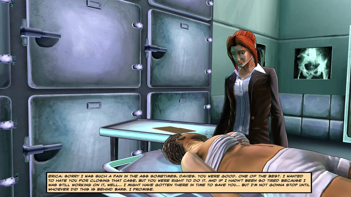 Cognition: An Erica Reed Thriller - Episode 2: The Wise Monkey (Windows) screenshot: Pulling the fire alarm stunt to get some privacy and examine Davies' body in the morgue.