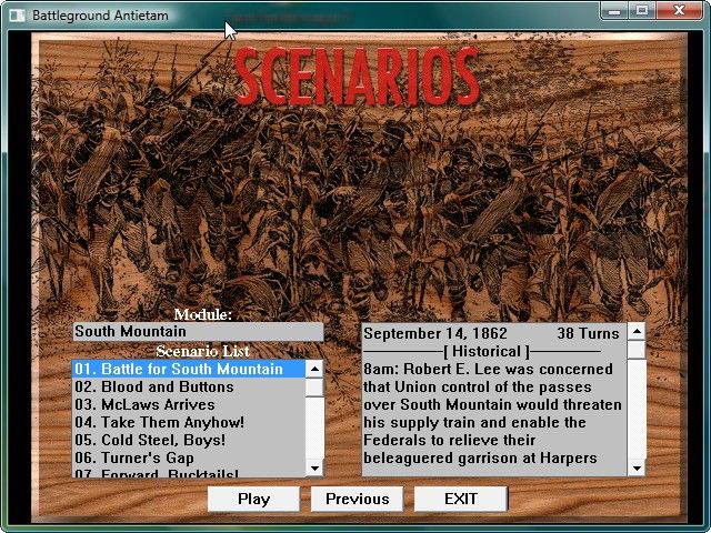 Battleground 5: Antietam (Windows) screenshot: choose scenario
