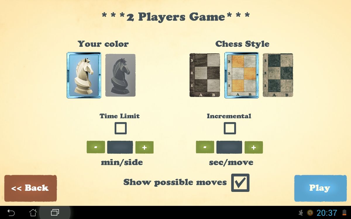 Chess Fusion (Android) screenshot: 2 player set up.