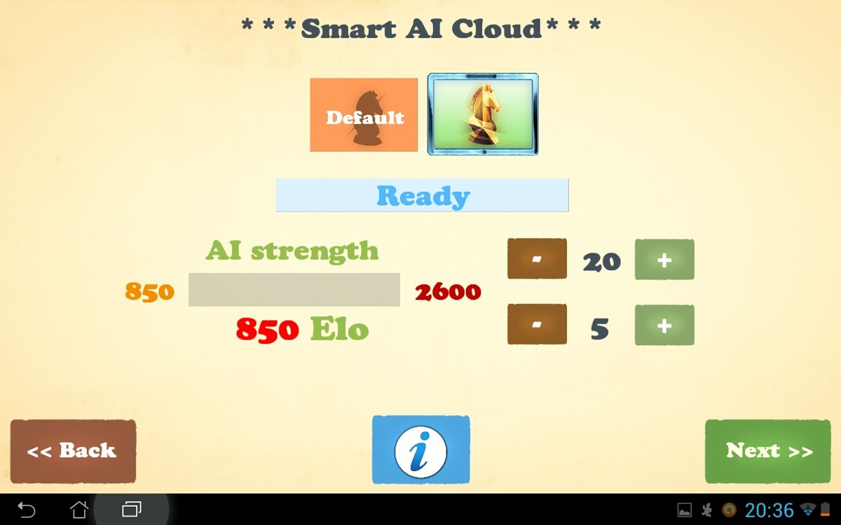 Chess Fusion (Android) screenshot: Smart AI set up screen.