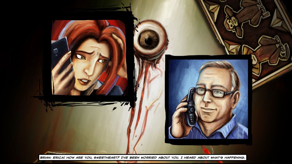 Cognition: An Erica Reed Thriller - Episode 2: The Wise Monkey (Windows) screenshot: Erica is deeply disturbed by her latest finding and is calling her dad for help.