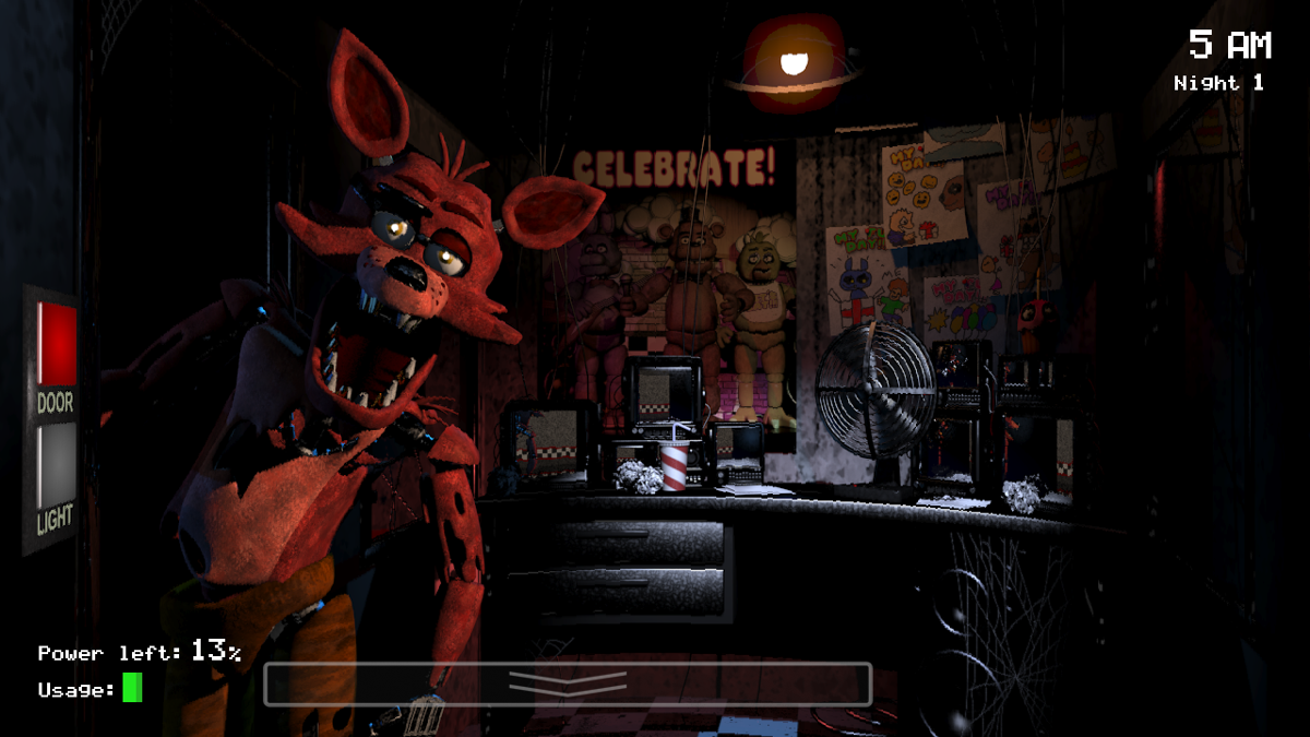 Five Nights at Freddy's (Windows) screenshot: AHH! EVIL FOX GOT ME! And I only had one hour left to go.