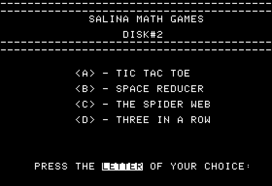 Salina Math Games: Disk Two (Apple II) screenshot: Main Menu