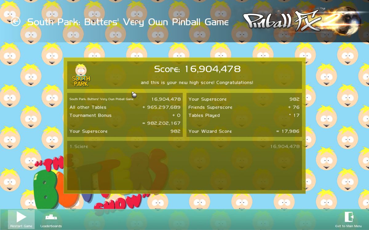 Zen Pinball 2: South Park Pinball (Windows) screenshot: <i>Butters' Very Own Pinball Game</i> - Score screen
