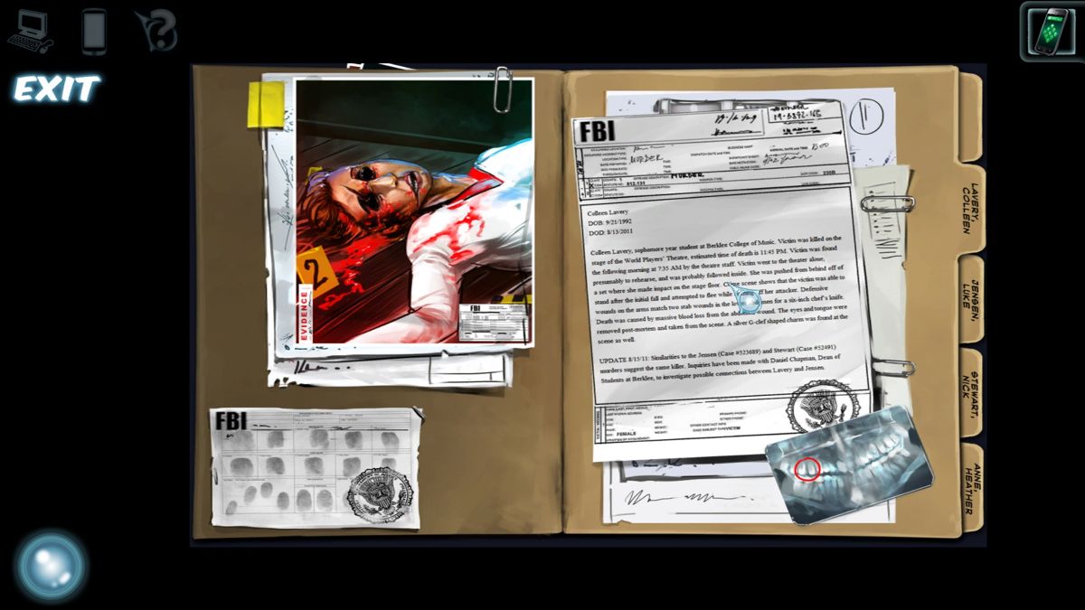 Cognition: An Erica Reed Thriller - Episode 2: The Wise Monkey (Windows) screenshot: Checking the files on The Wise Monkey case.
