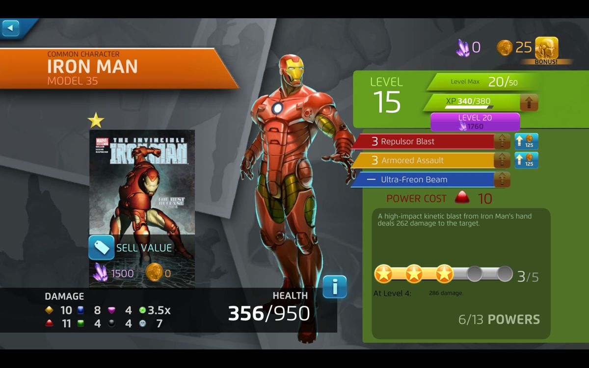 Marvel Puzzle Quest (Windows) screenshot: Profile screen for my Iron Man character