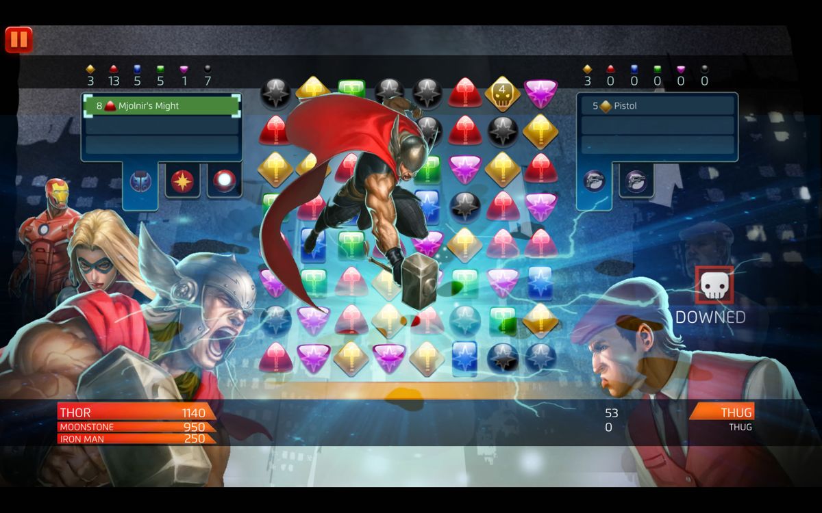 Marvel Puzzle Quest (Windows) screenshot: Thor's hammer converts a number of gems.