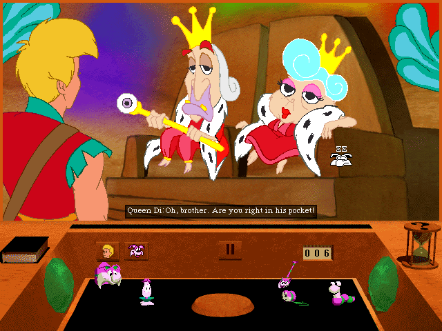 Torin's Passage (DOS) screenshot: Talking to the ridiculous king and queen of Escarpa. The queen is no stranger to dry sarcasm