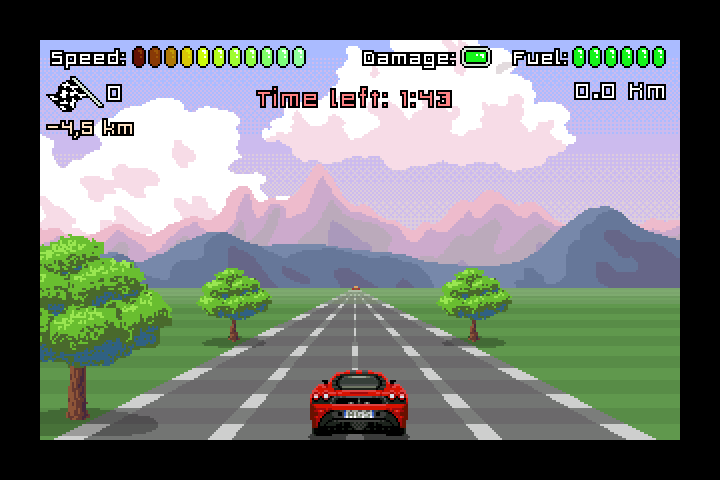 Red Hot Overdrive (Windows) screenshot: A straight road with some trees
