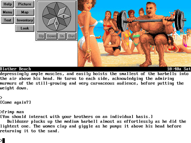 Steve Meretzky's Spellcasting 301: Spring Break (DOS) screenshot: Weightlifting is the first event in the competition