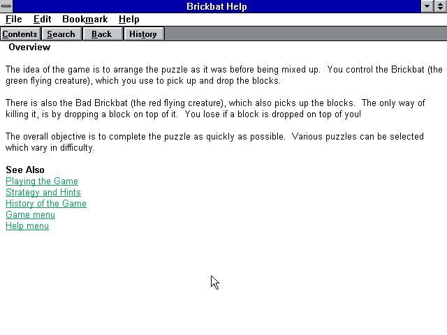 Brickbat (Windows 3.x) screenshot: The game has a help file which is accessed via the menu bar