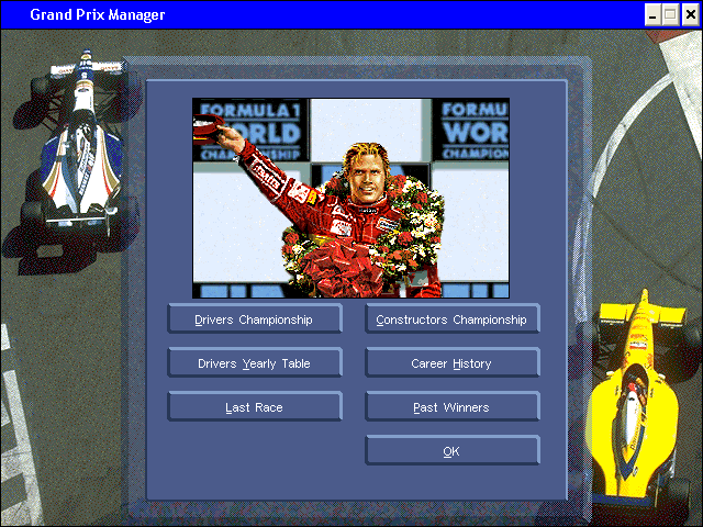 Grand Prix Manager (Windows 3.x) screenshot: Results menu
