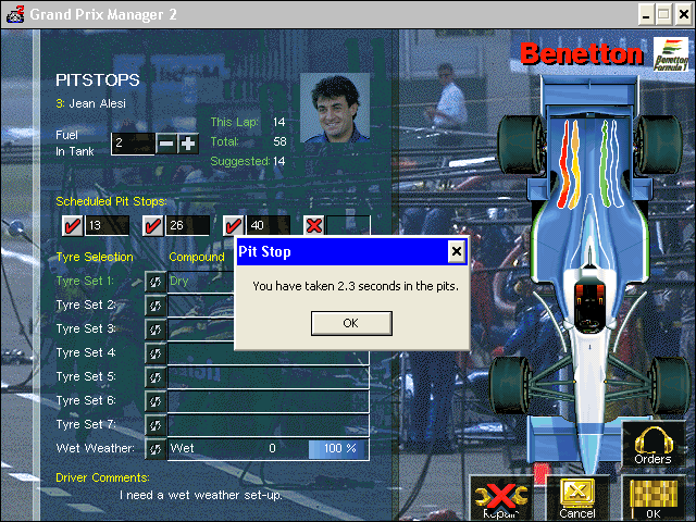 Grand Prix Manager 2 (Windows) screenshot: Pit stop time
