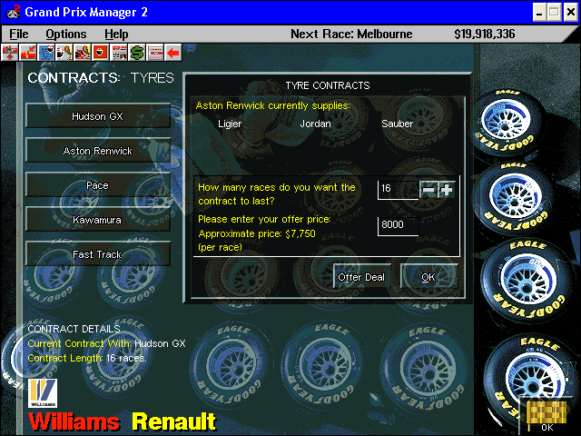 Grand Prix Manager 2 (Windows) screenshot: Contracts: tyres