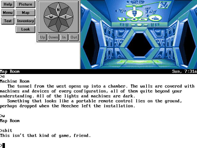 Gateway II: Homeworld (DOS) screenshot: Exploring a Heechee spaceship. What, no cursing at all?..