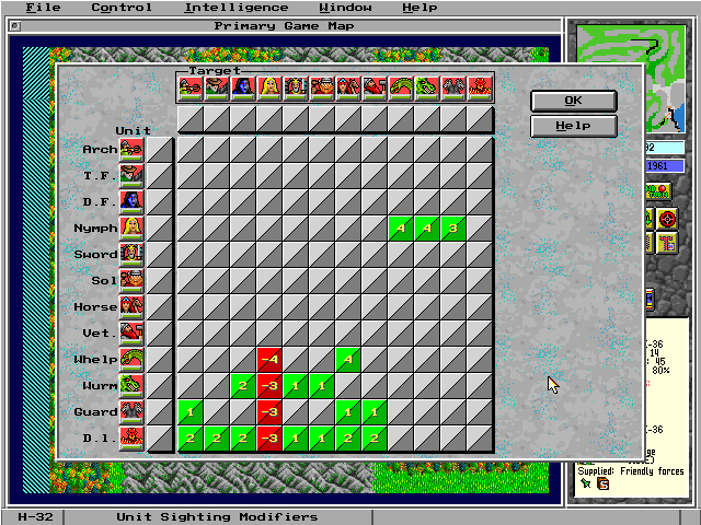 Empire II: The Art of War (DOS) screenshot: Sighting report screen.