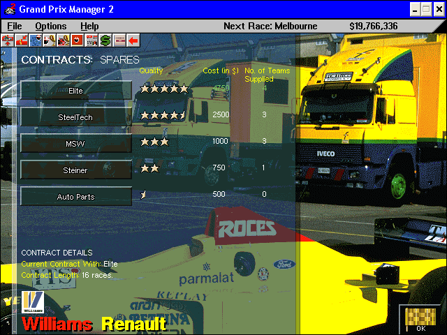 Grand Prix Manager 2 (Windows) screenshot: Contracts: spares