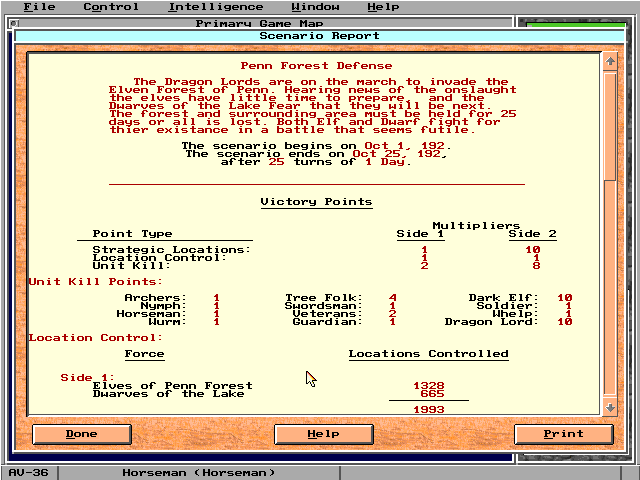 Empire II: The Art of War (DOS) screenshot: Scenario report screen.