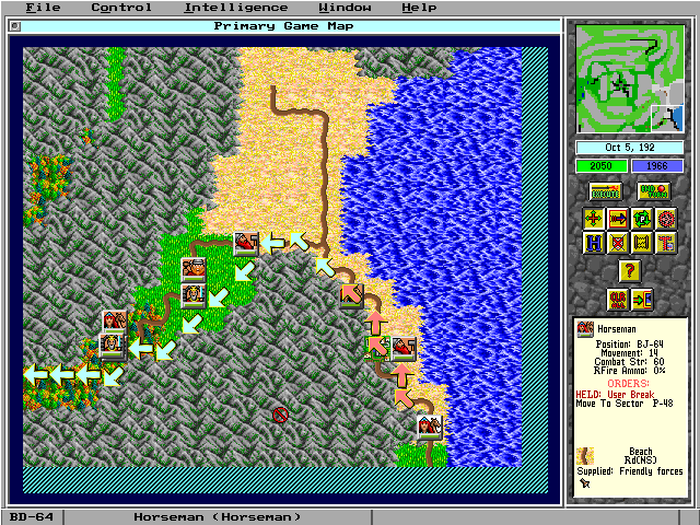 Empire II: The Art of War (DOS) screenshot: Issuing unit orders to move them towards the enemy.