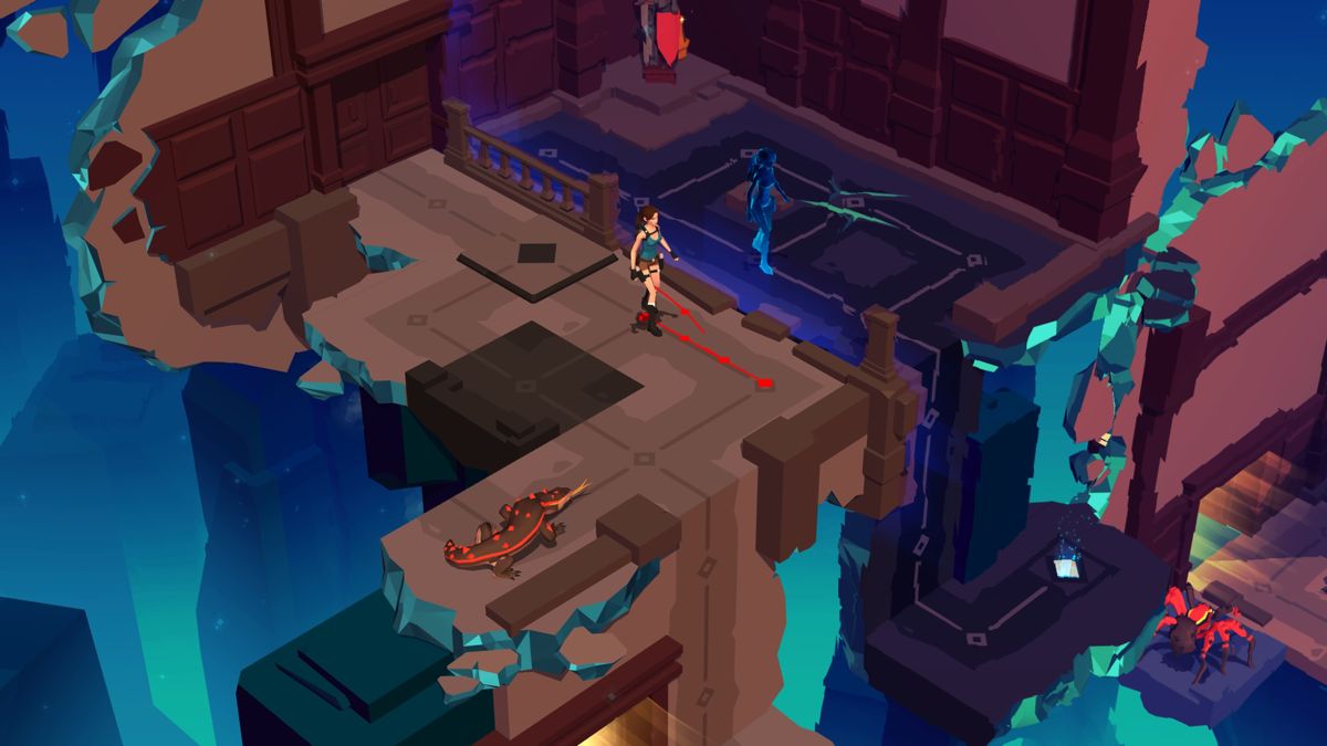 Lara Croft GO (PlayStation 4) screenshot: While controlling both real and mirror Lara, both must survive the level