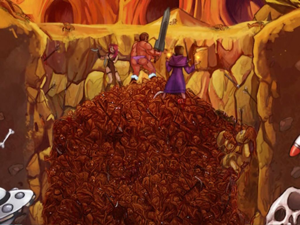 Dungeons: The Eye of Draconus (Windows) screenshot: The heroes are standing on a mountain of corpses.