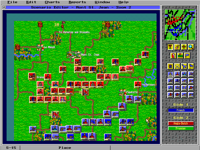 Empire II: The Art of War (DOS) screenshot: The scenario editor, showing a Napoleonic war battle.