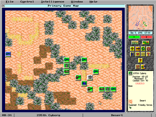 Empire II: The Art of War (DOS) screenshot: A futuristic scenario, complete with cyborg units.