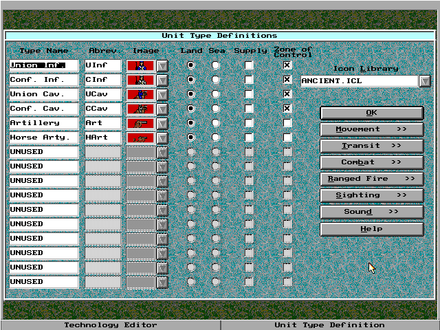 Empire II: The Art of War (DOS) screenshot: The unit editor.