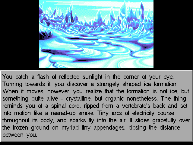 Gateway II: Homeworld (DOS) screenshot: A full-screen scene on the icy planet. The game's second quarter begins