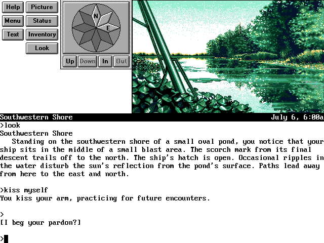 Frederik Pohl's Gateway (DOS) screenshot: Dorma 5 is probably the game's most beautiful planet. You arrive there and passionately... kiss your own arm. Seriously now, which other game allows you to do THAT?!..