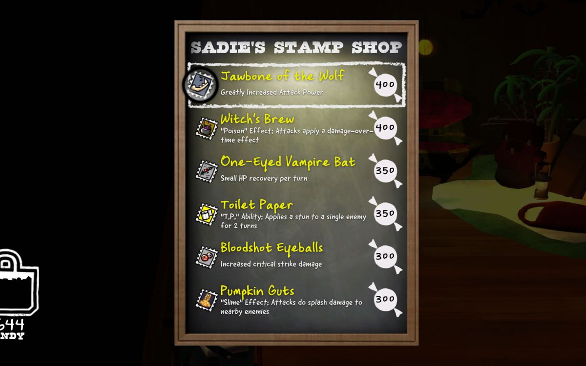 Costume Quest (Windows) screenshot: Sadie is the one you need to visit to trade candy for battle stamp, providing a special ability for characters.