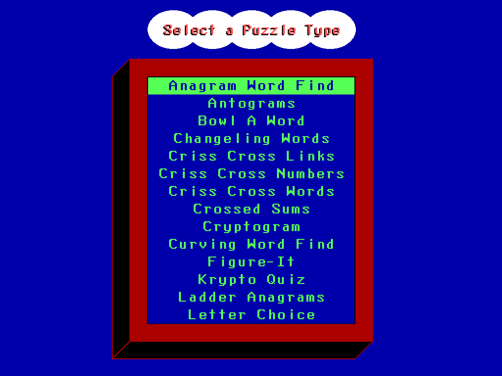 Computer Puzzles Unlimited (DOS) screenshot: The list of puzzles. The number of puzzles exceeds the space on the menu so the player must scroll down to find the rest