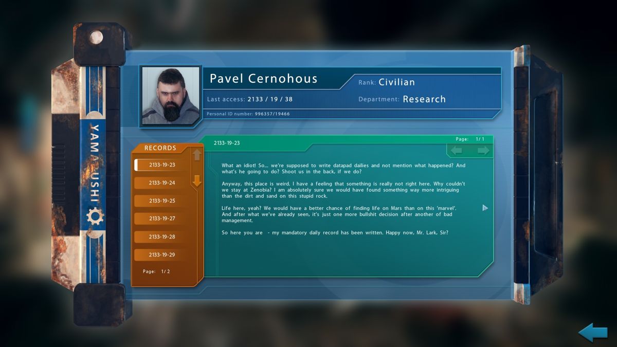 J.U.L.I.A.: Among the Stars (Windows) screenshot: Personal log records of the crew member