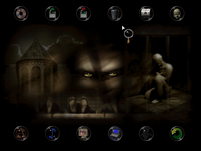Sanitarium (Windows) screenshot: Main menu. Note the ominous eyes following you everywhere...