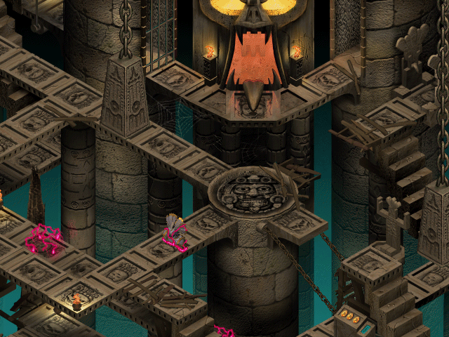 Sanitarium (Windows) screenshot: The fearsome deity is getting electrocuted by purple energy in this maze...