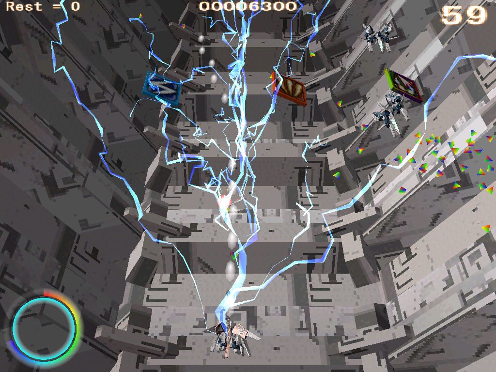 xSynergy Gate (Windows) screenshot: The blue special weapon electrocutes enemies.
