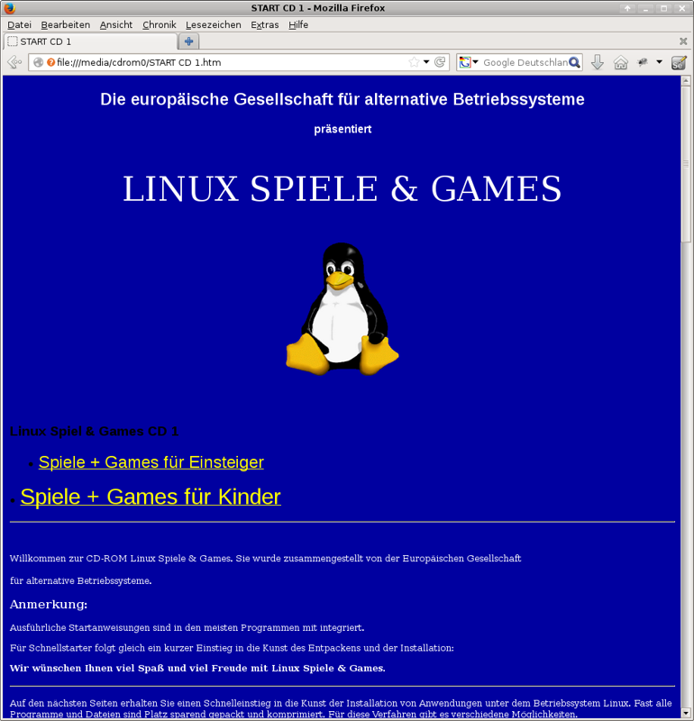 Linux Spiele & Games (Linux) screenshot: Start page of CD 1