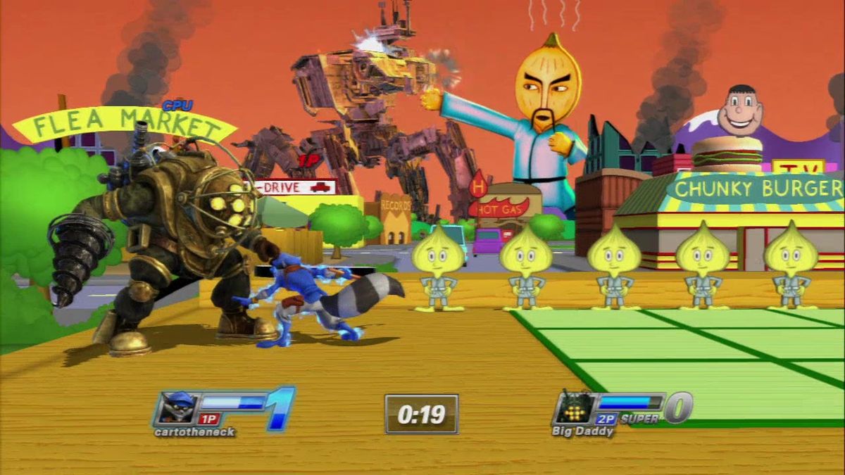 PlayStation All-Stars Battle Royale (PlayStation 3) screenshot: Sometimes the action in the back takes the cake.