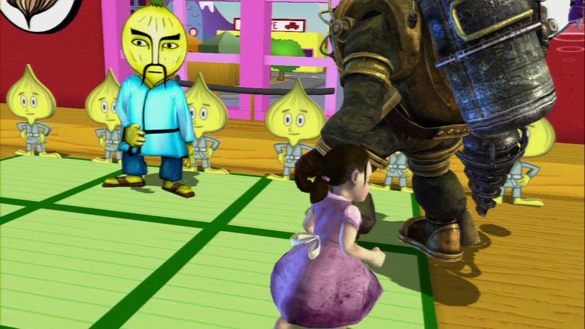 PlayStation All-Stars Battle Royale (PlayStation 3) screenshot: Little Sister hiding from bizarre onion people.