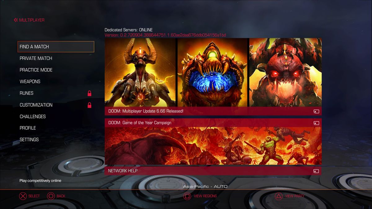 Doom (PlayStation 4) screenshot: Multiplayer menu