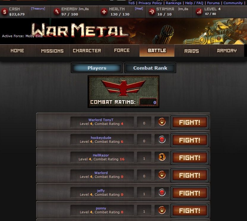 War Metal (Browser) screenshot: Battle - Fight other players here and gain combat ranks.