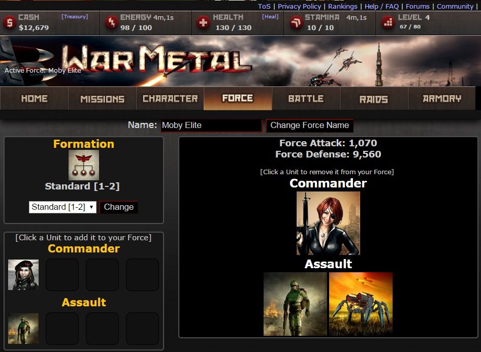 War Metal (Browser) screenshot: Force - The size of the player's force consisting of commanders and units. The formation size may be changed to include more units as the player becomes more powerful.