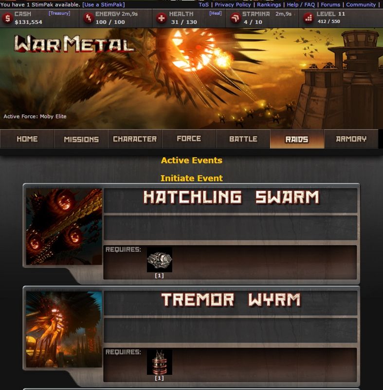 War Metal (Browser) screenshot: Raids - Not entirely sure what to do here. Something to do with epic bosses.