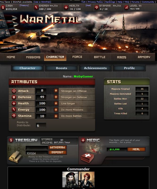 War Metal (Browser) screenshot: Character - Stats can be increased through training or gaining experience and leveling up. Reaching a new level will grant points that may be distributed.