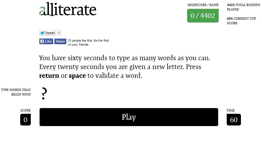 Alliterate (Browser) screenshot: Starting the game