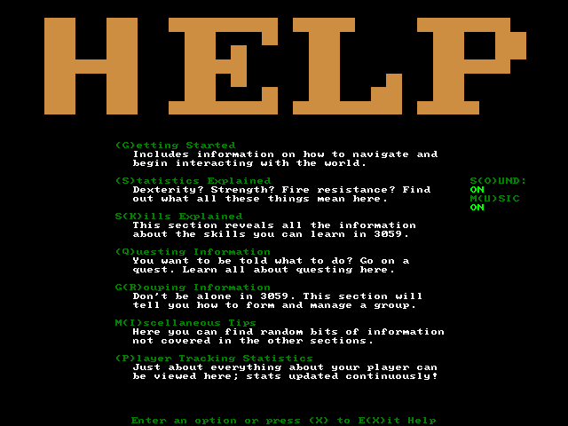 3059 (Windows) screenshot: Main help screen leading to several sub-sections