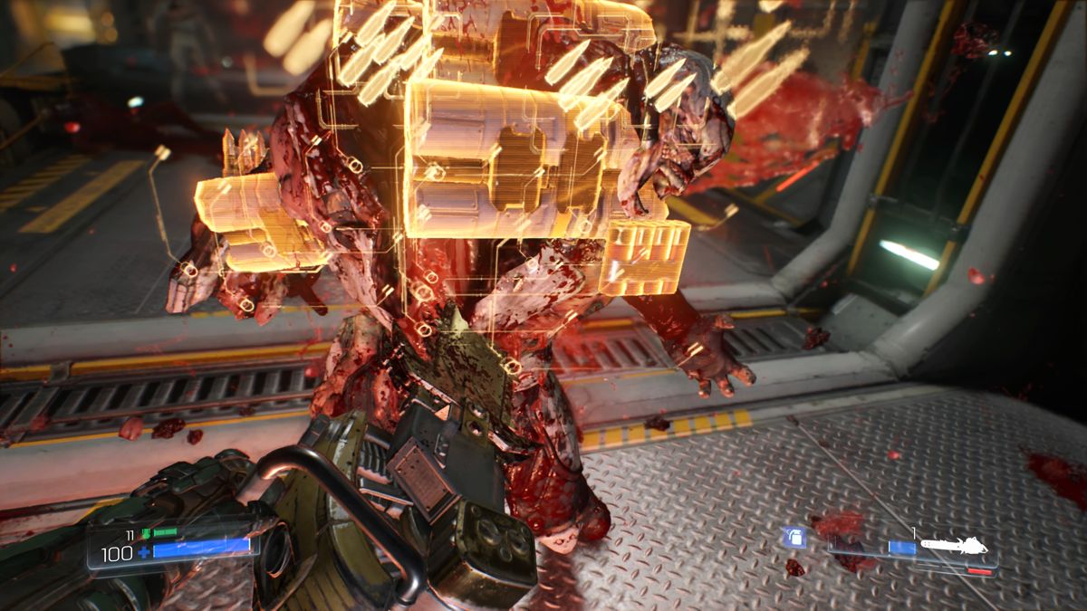 Doom (PlayStation 4) screenshot: Chainsaw is deadly but quickly runs out of gas