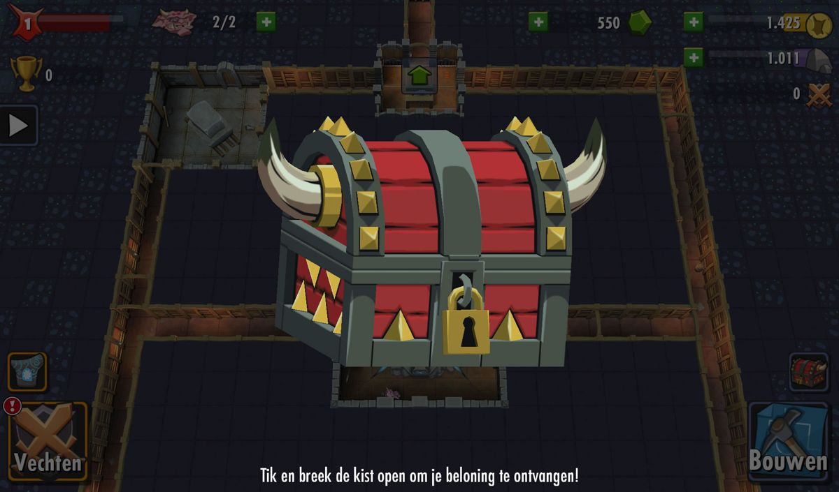 Dungeon Keeper (Android) screenshot: Treasure chests provide rewards (Dutch version).