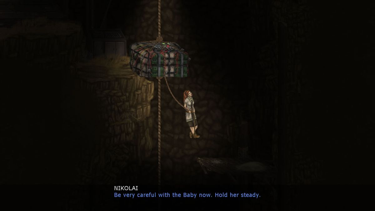 Residue (Windows) screenshot: Elena is lowered with the package in the introduction.