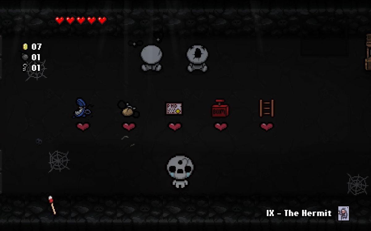 The Binding of Isaac: Rebirth (Windows) screenshot: A new type of secret shop where you buy items in exchange for hearts.